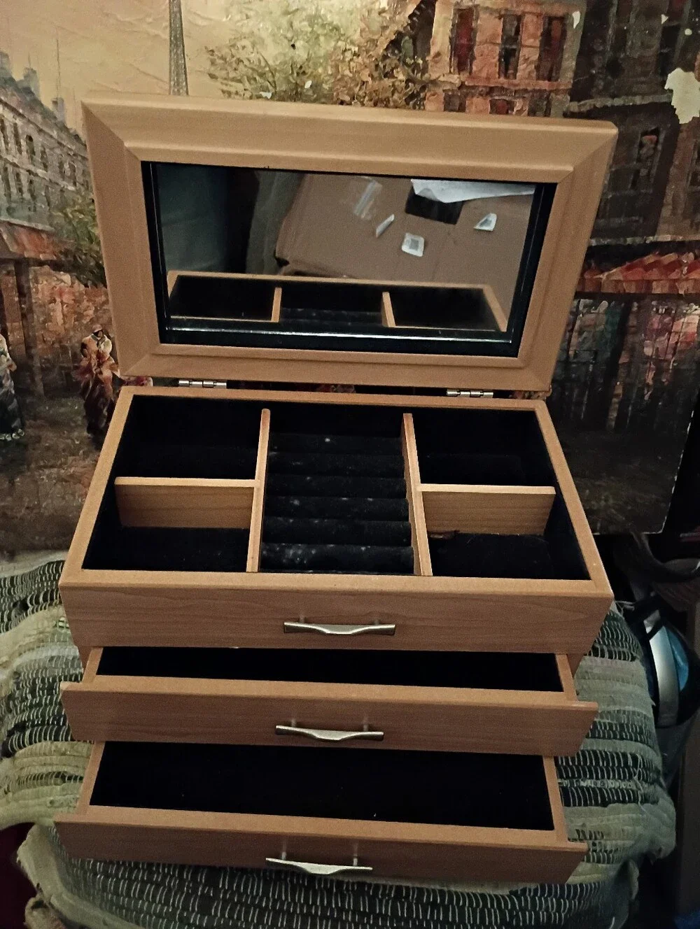 MELE- Bamboo Wood Finish Jewelry Organizer Box with Mirror Tan & Black Velvet.🏠 - Picture 6 of 6